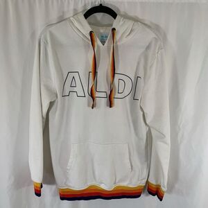 New ALDI Hoodie Women's Small Beige Rainbow Drawstring Pockets Pullover